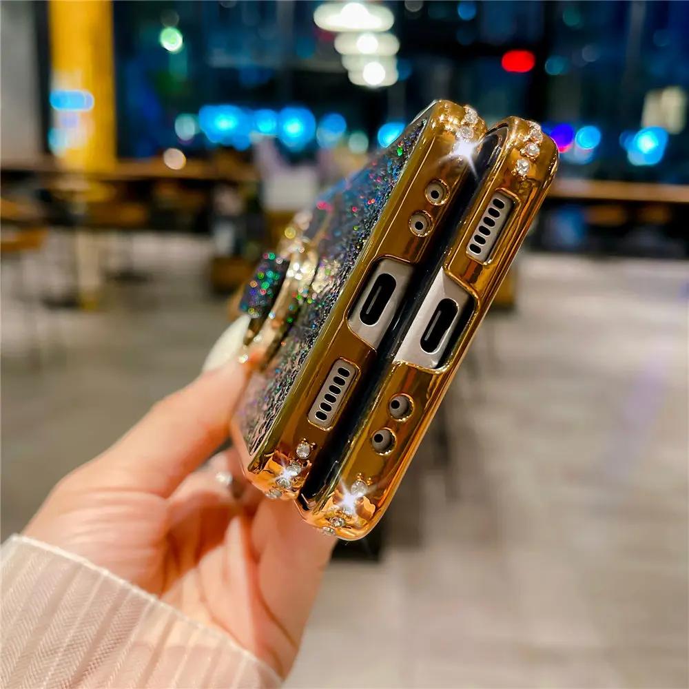 For Samsung Z Flip 6 Ring Holder PU Leather Plating Case For Samsung Galaxy Z Flip 6 Z Flip 5 4 3 Bling Diamond Shockproof Cover