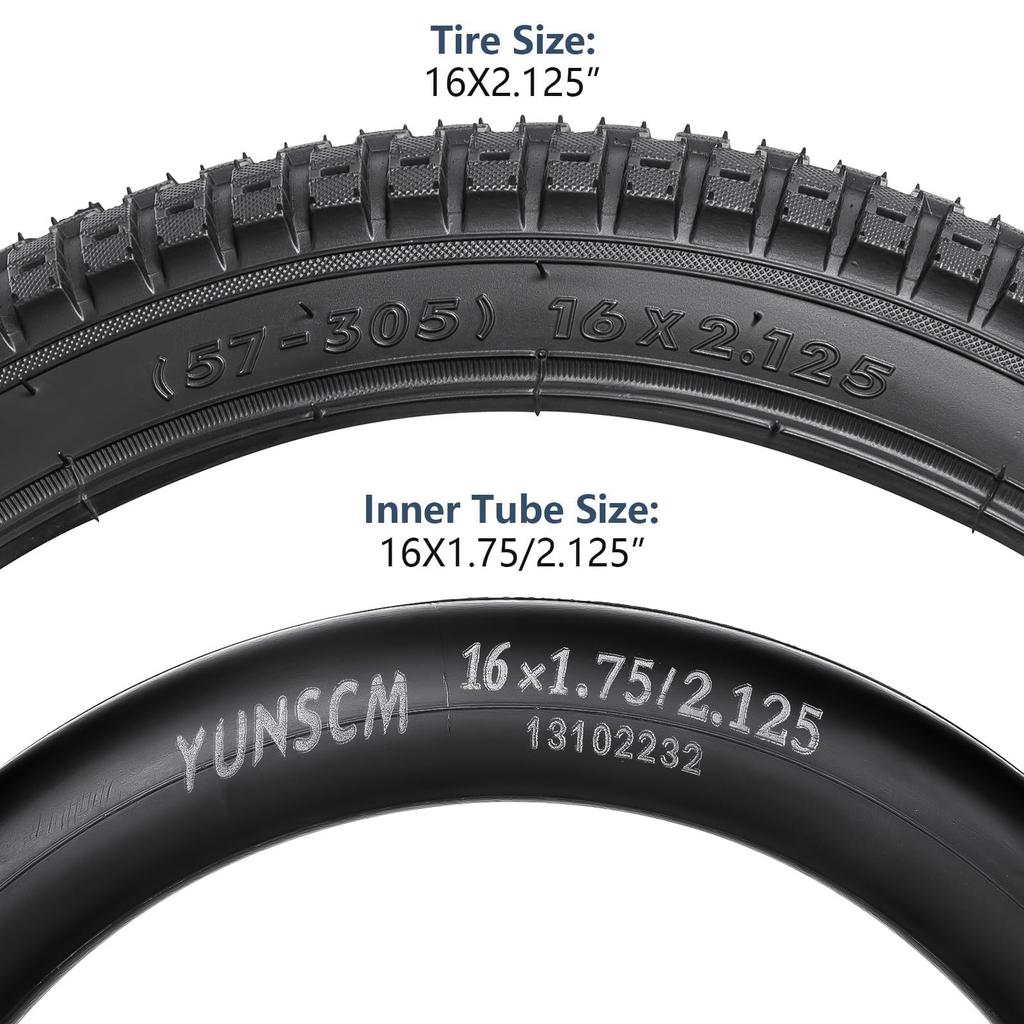 YunSCM Set of Bicycle with 32mm Schrader Suitable for Bikes and Electric Assist 2, 16x2.125 Tires, Tires, 16x2.125 57-305 Tubes, Valve, 57-305 Tires,