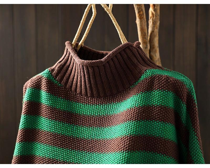Women's Retro Striped Color Block Half High Neck Sweater - Loose & Casual Knitwear for Autumn/Winter 2026.