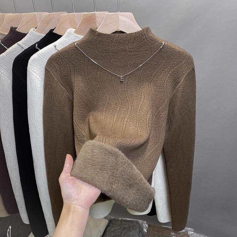 Autumn and winter fleece thickened sweater schoolgirl integrated fleece with semi-turtleneck knitted wool cashmere bottoming shirt top