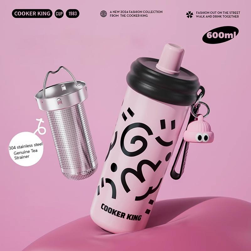 COOKER KING 600ml Insulated Cup with Tea Strainer Straw Thermos Cup Stainless Steel Vacuum Flask Girls Students Hot & Cold Flask