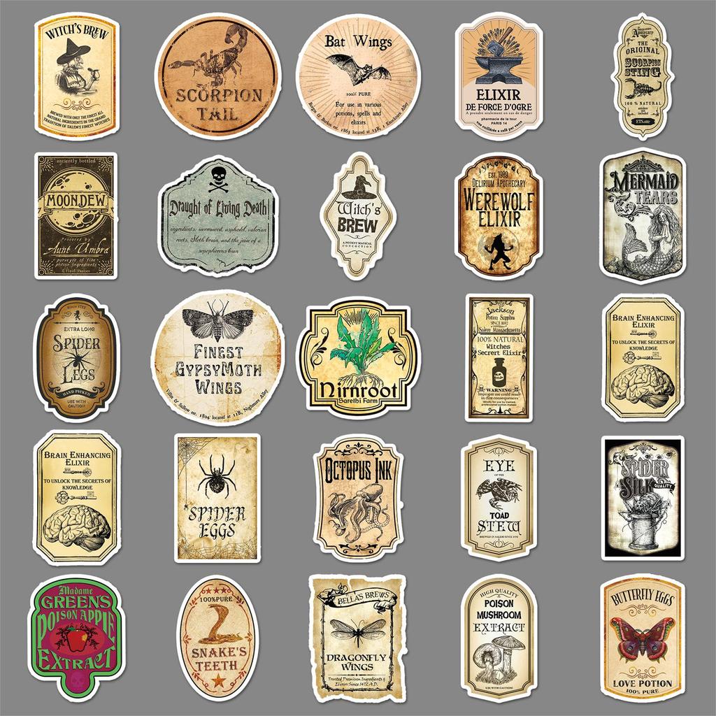 50pcs Waterproof Retro Potion Label Stickers for Journals, Phone Cases, and Suitcases