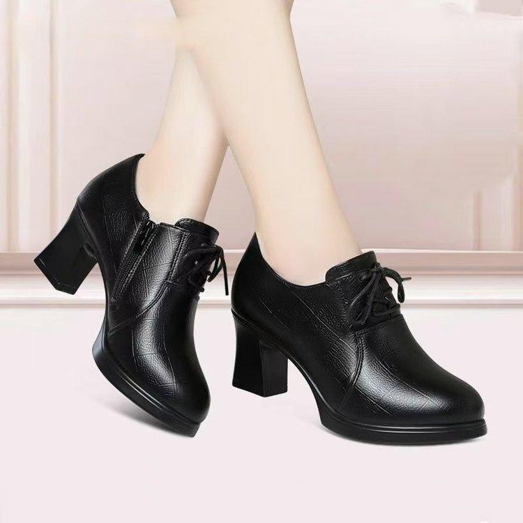 Autumn New Deep-mouth Single Shoes Lace-up High Heels Leather Shoes Soft Leather Soft-soled Shoes