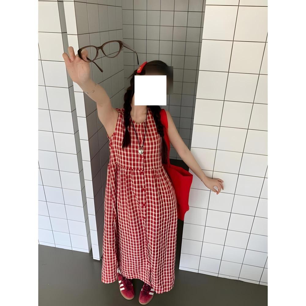 Plaid suspender dress casual women's small sleeveless vest skirt summer new seaside vacation skirt