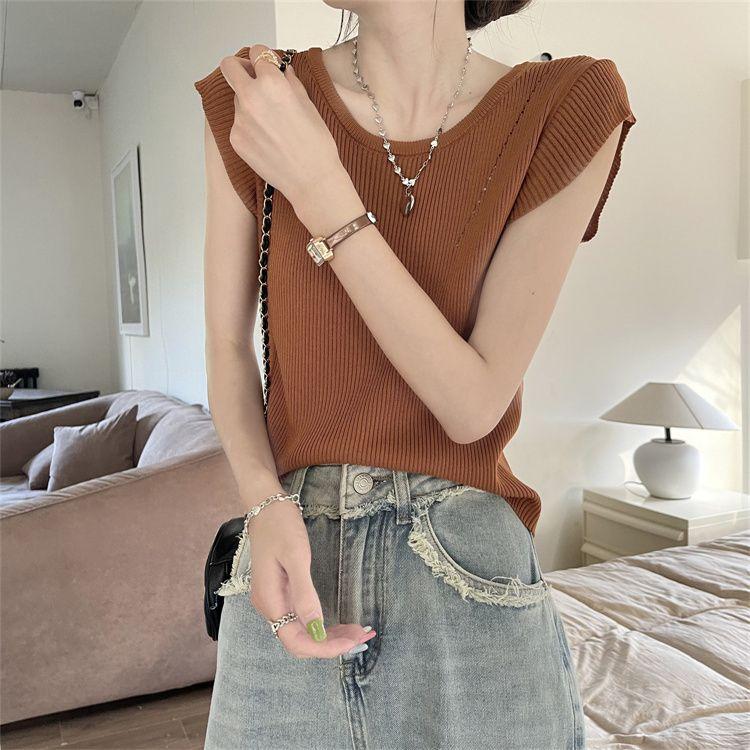 Hollow Out Short Sleeved Knitted Sweater for Women In Summer Slimming Down with Round Neck Camisole T-shirt Ice Silk Top