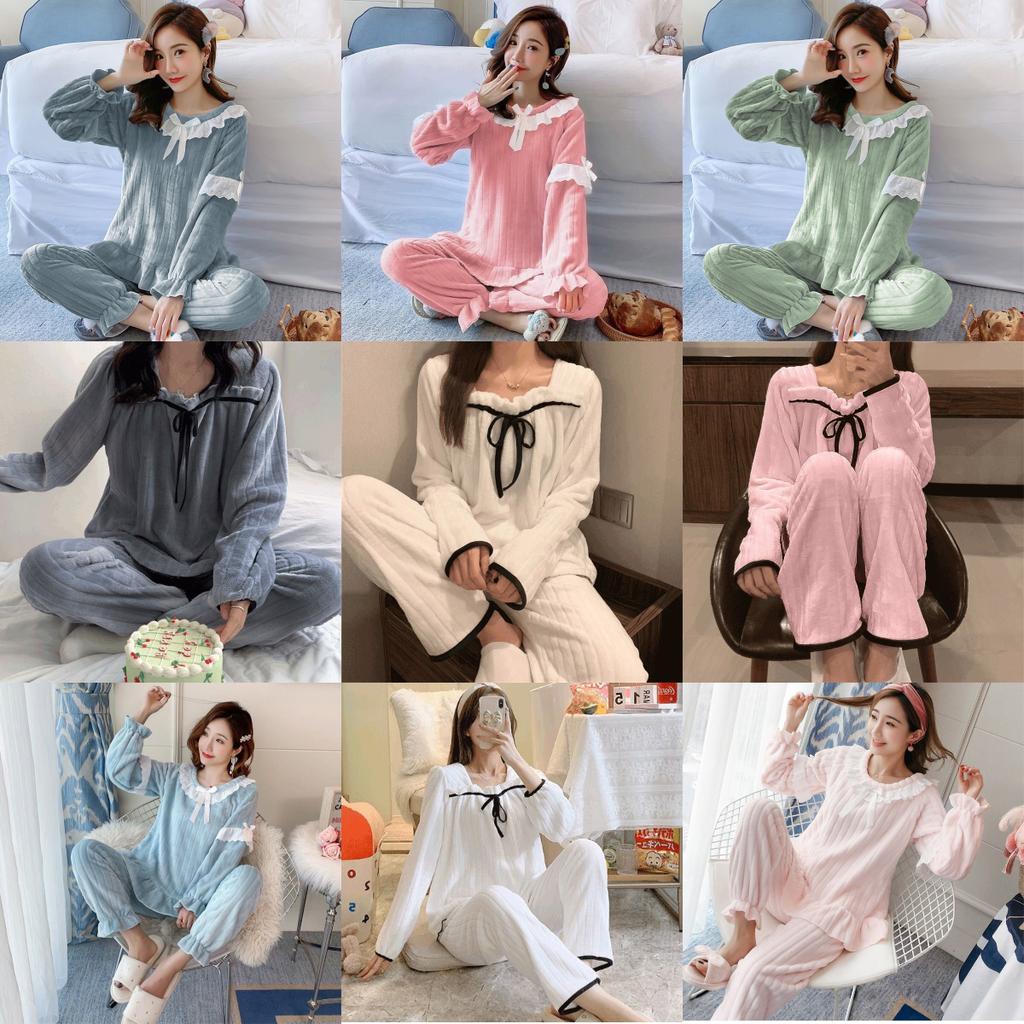 Women's Two-Piece Thickened Warm Coral Velvet Pajamas Spring Long-Sleeved Solid Striped Ladies Homewear Suit Sleepwear
