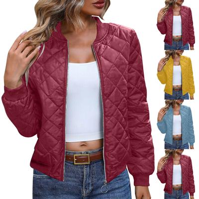 Ladies Zipper Long Sleeve Stand Collar Check Slim Baseball Padded Top Blouse Jacket Coat