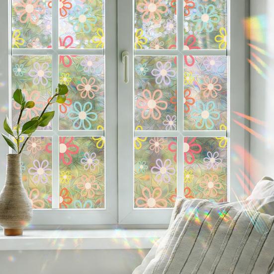 Window Privacy Film Stained Glass Floral Decorative Window Clings Colorful UV Blocking Static Glass Decals for Bedroom Living Room