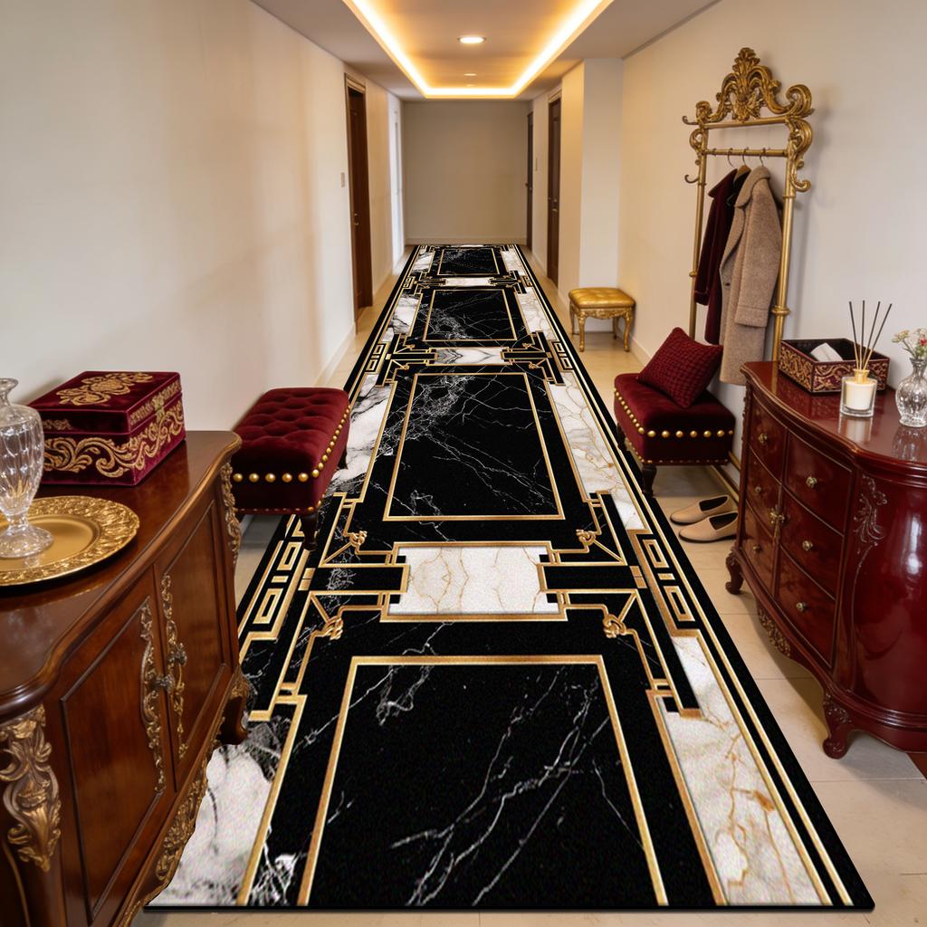 Tapete de Corredor Macio de Mármore Preto de Luxo Europeu Antiderrapante Sem Fiapos Tapete Longo Decorativo para Casa Luxo Fácil de Limpar Tapete de Chão