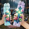 1PC Color Floral Christian Cross Print 750ml Color Plastic Sports Water Bottle Leakproof Flip Straw Lid Suitable for Sports Office Home Use