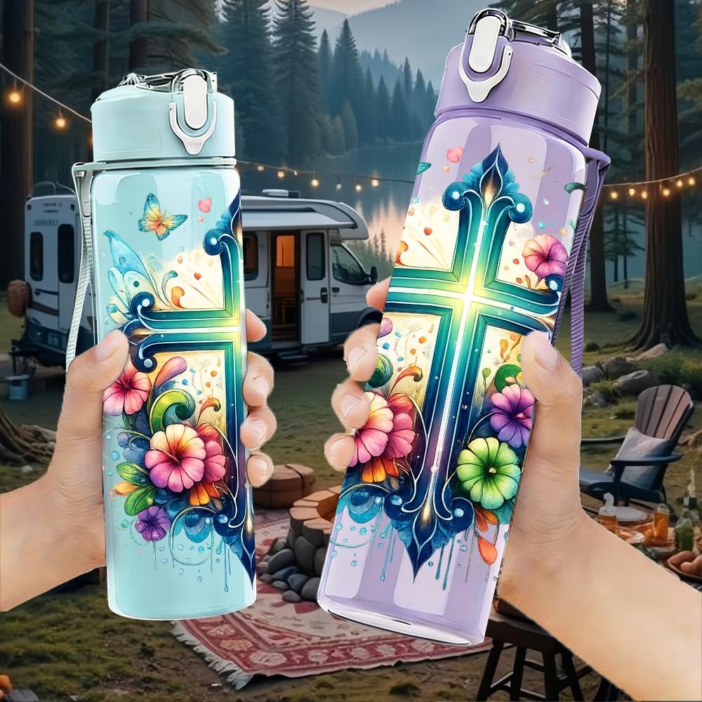 1PC Color Floral Christian Cross Print 750ml Color Plastic Sports Water Bottle Leakproof Flip Straw Lid Suitable for Sports Office Home Use