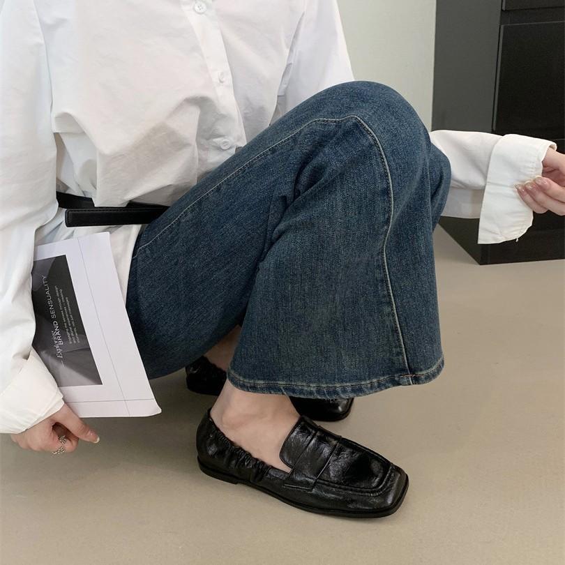 2025 Autumn New Retro Square Head Gold Loafers Soft Leather Pleated Casual Neutral Work Flat Small Leather Shoes