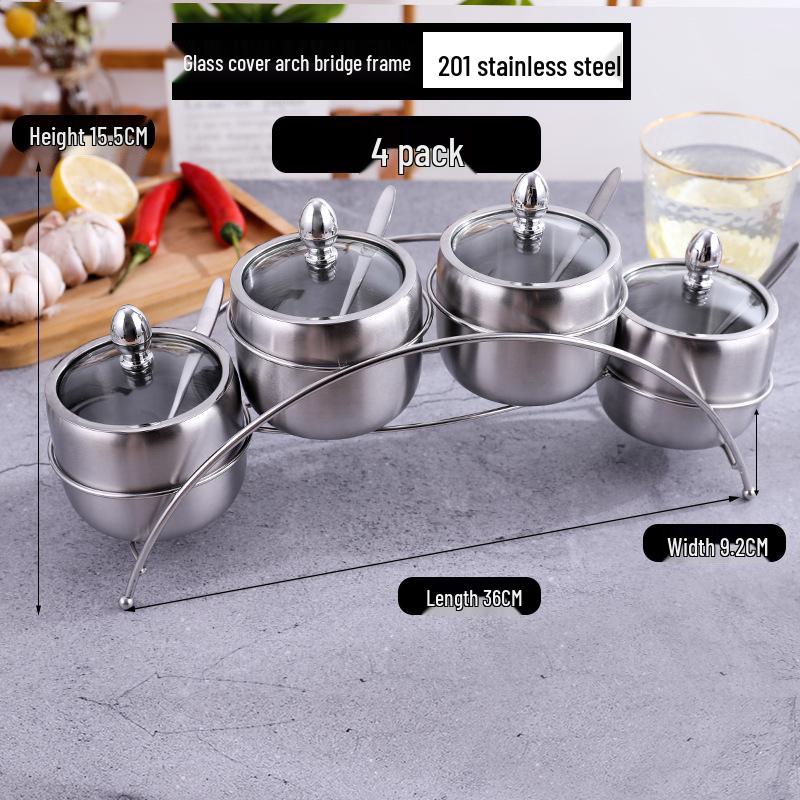 Gold Korean-Style Seasoning Jars, 201 Stainless Steel with Glass Lids On Tray, for Restaurant Use.