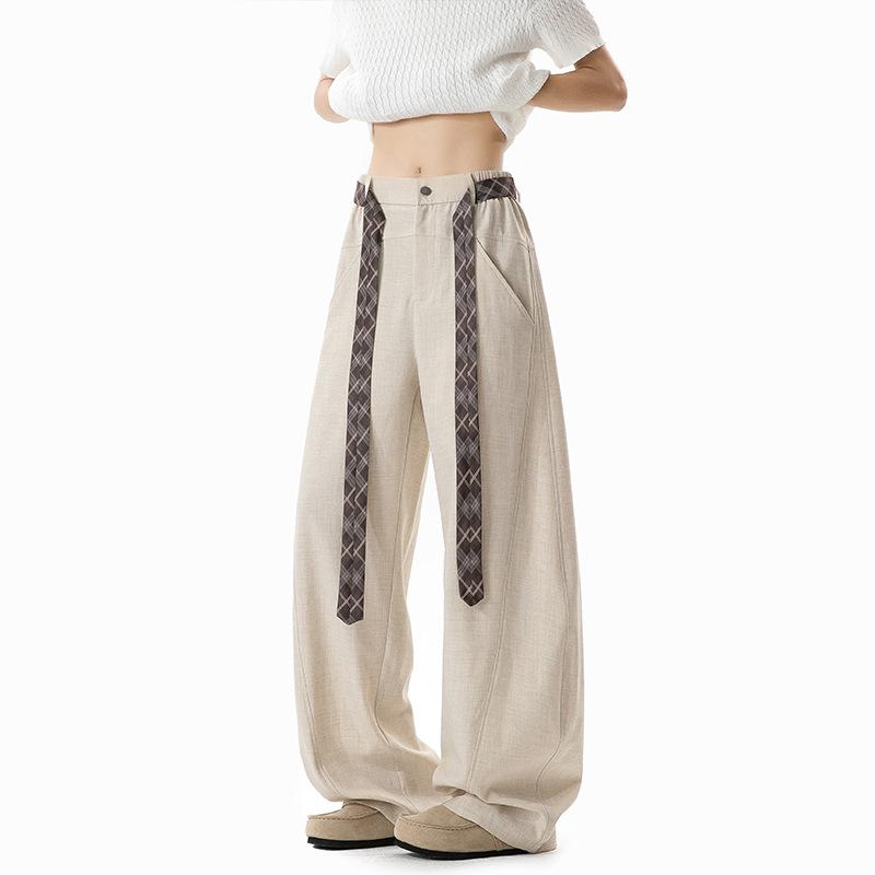 Vintage Contrast Plaid Belted Wide Leg Loose Casual Pants For Men