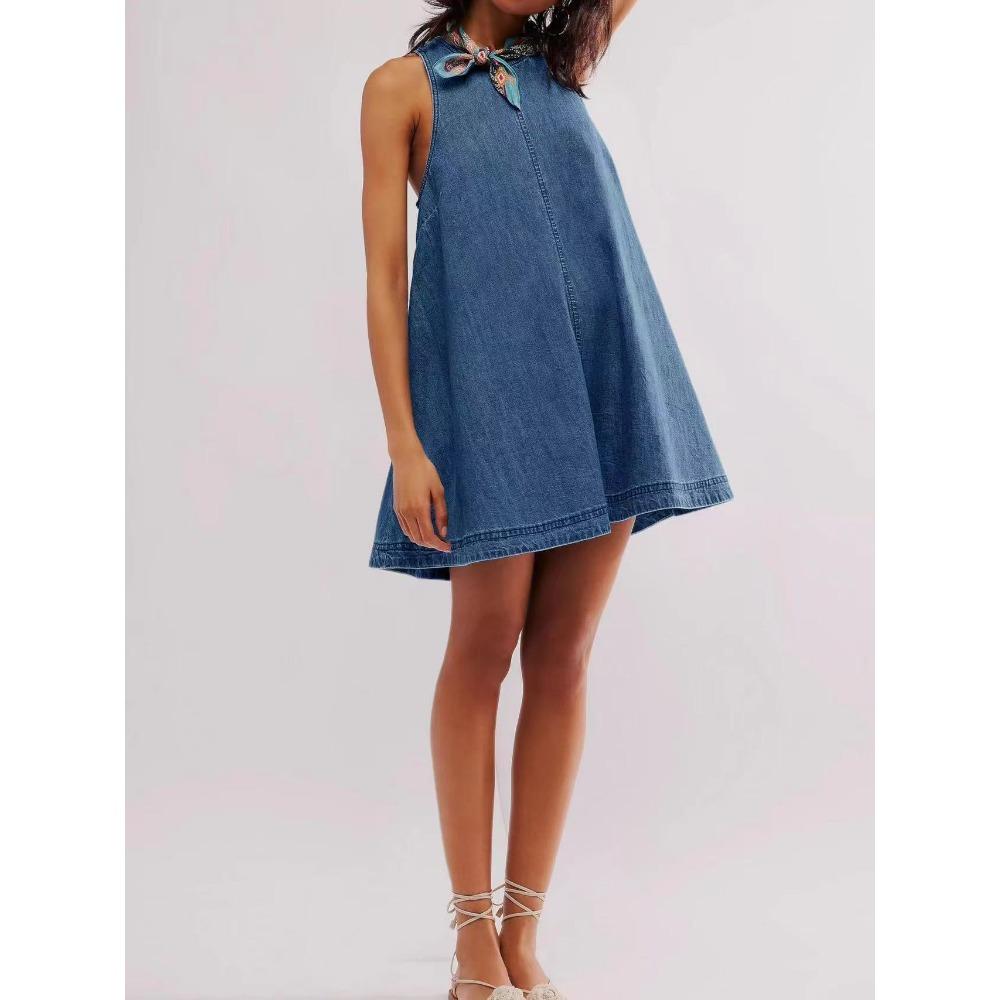 Trendy Women's Sleeveless A-line Dress Denim Skirt Loose Fit Slimming Round Neck Tank Dress, Casual Vintage Summer Dress for Daily Wear & Vacations