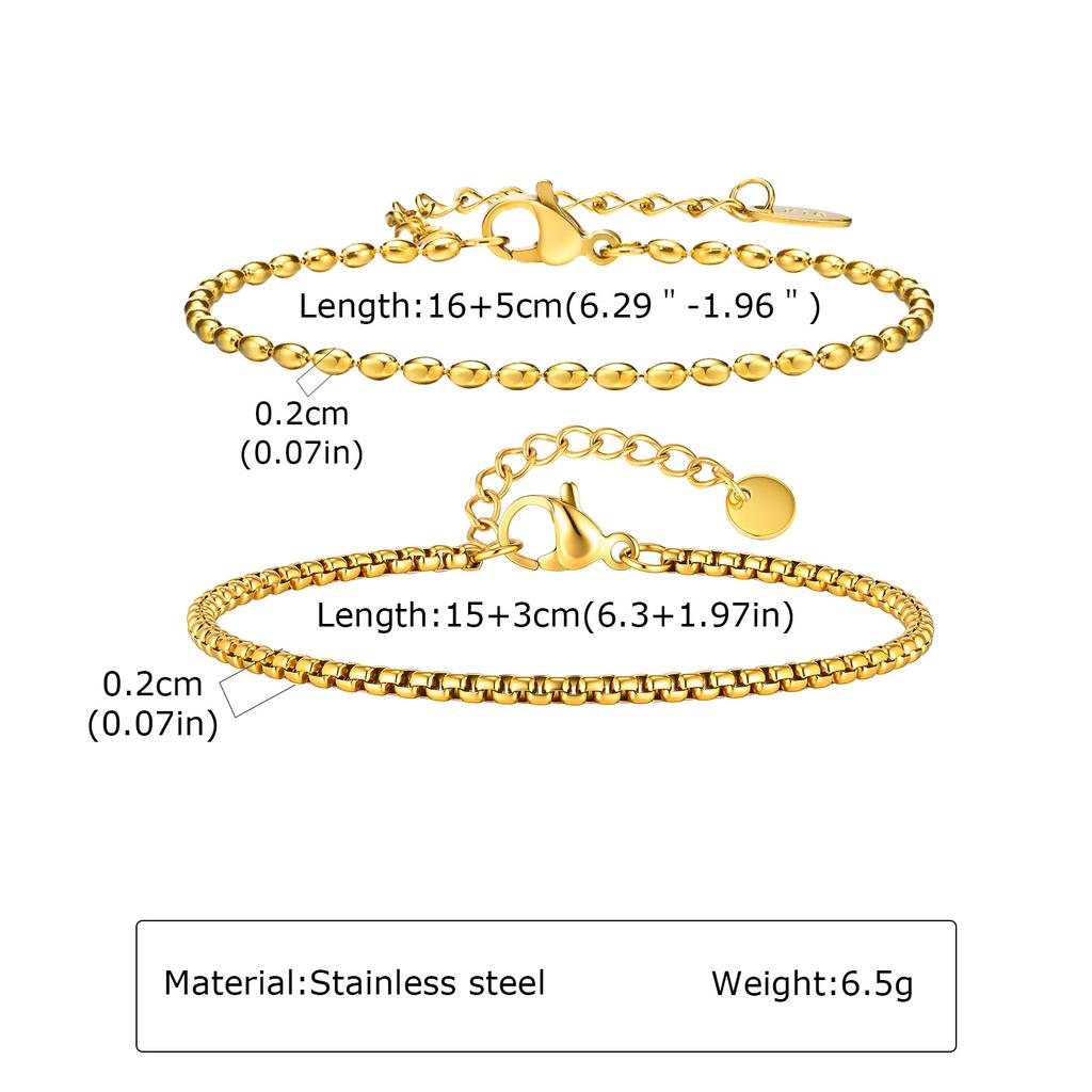 316L Stainless Steel Bracelet 2PCS, Golden Layered Chain Adjustable Stackable Jewelry, Women Summer Vacation Gift