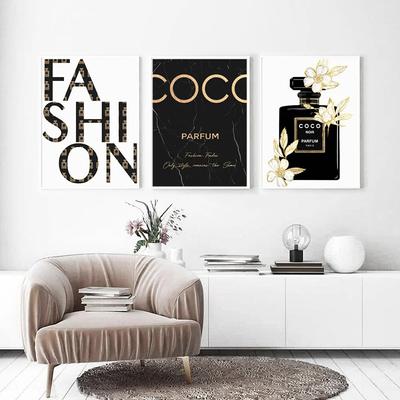 Luxury Fashion Coco Quotes Poster Print Gold Flower Perfume Wall Art Canvas Painting Modern Trendy Picture for Living Room Decor No Frame