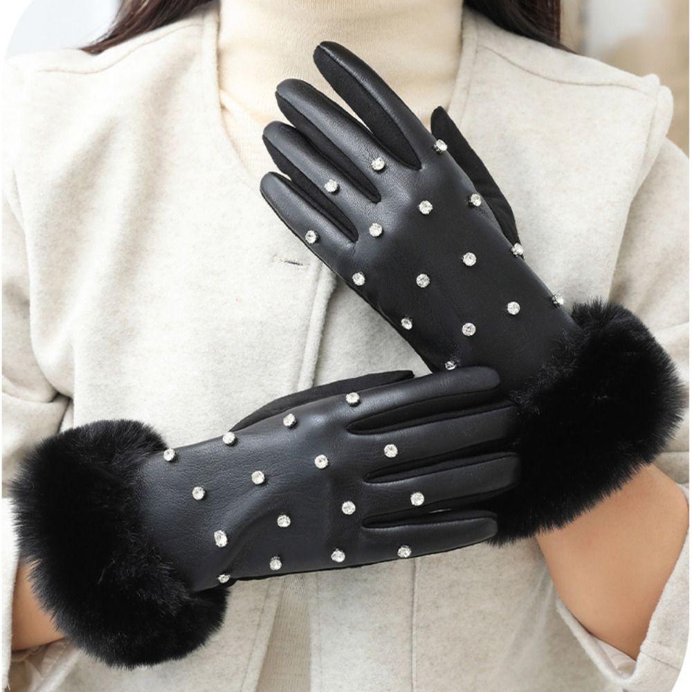 Velvet Rhinestone Winter Gloves Soft Women Warm Mittens All-Match Pu Leather Gloves  Autumn