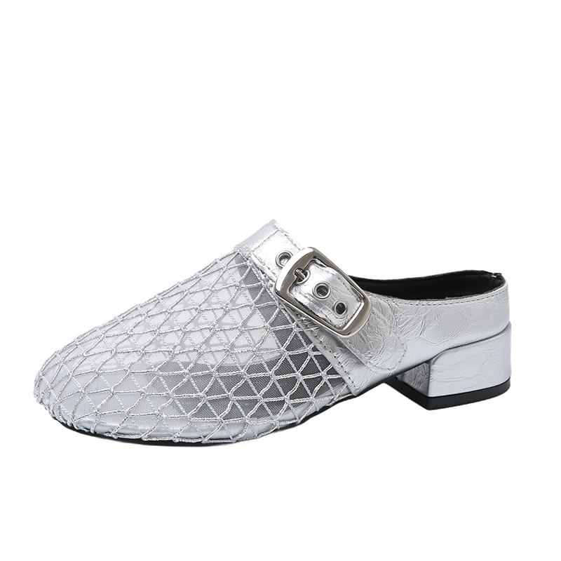 Fashion Fashion Baotou Slippers Summer New Round Head Mesh Cloth Metal Buckle Anti-slip Wear-resistant Heel Shoes