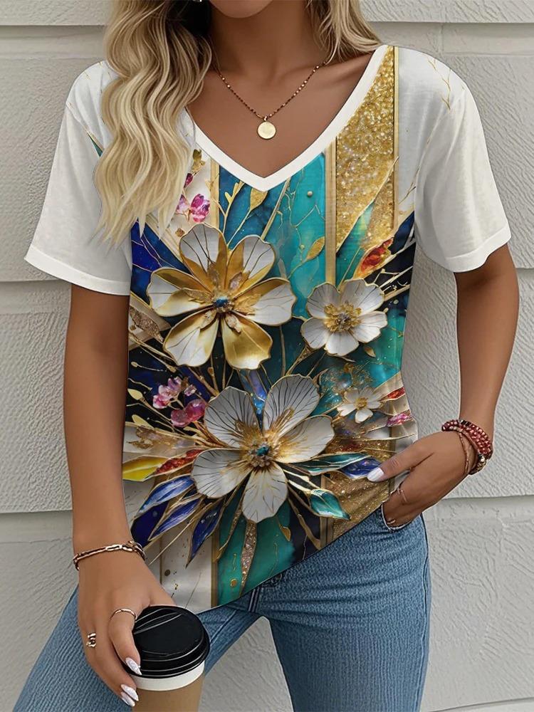 3D Butterfly Printed Short Sleeve T-shirt Korean Style Women's Clothes 2024 V-neck Short Sleeves Tees Shirt Loose Casual Blouses