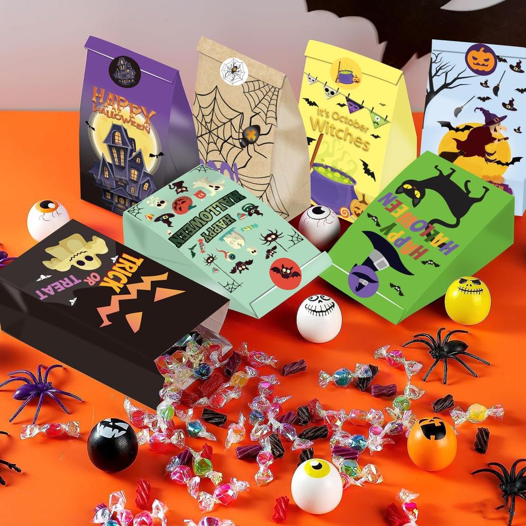 WOONOO 50PCS Halloween Treat Bags Candy Bags for Halloween Party, 10 Styles Paper Halloween Goodie Bags for Party Favors with 50PCS Stickers,