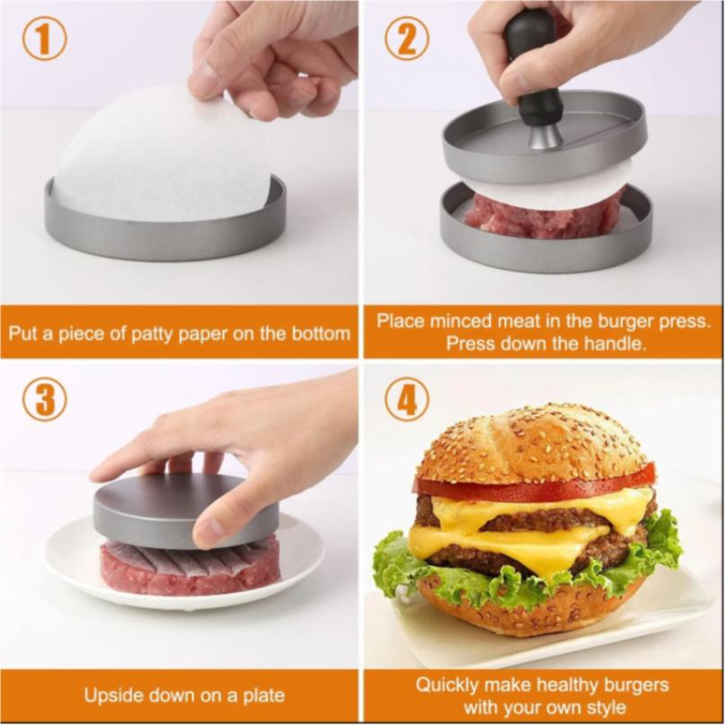 Burgerpress Non-Stick Hamburgare Patty Maker med Vaxpapper Aluminium Burgermakare för Kök BBQ Grill