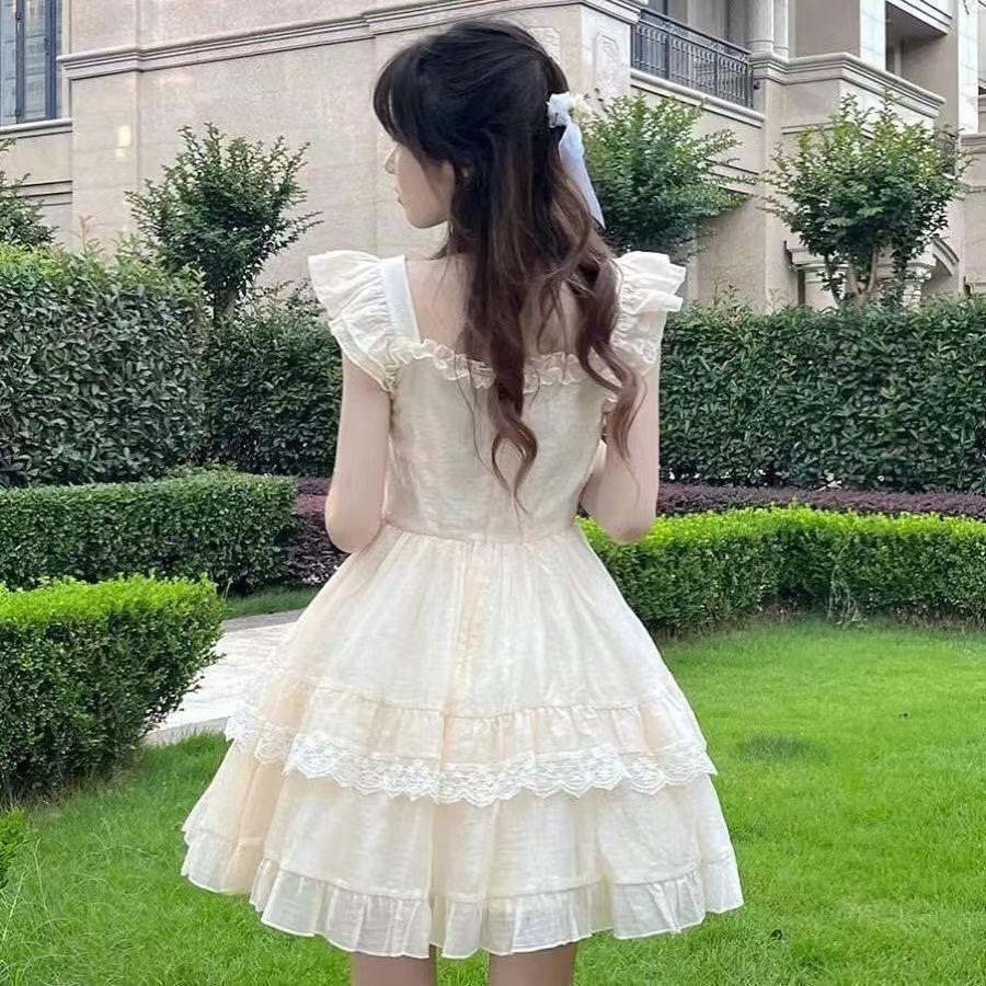 Süßes erste Liebe Schleife Kleid Damen Sommer Französisch kleine Fledermausärmel Prinzessin Kuchenkleid Taille flauschiger Rock