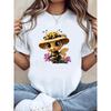 European Size Women's T-shirt, Cartoon Bee and Flower Print, White Short-sleeve Round-neck Printed T-shirt, Machine Washable, Casual Style