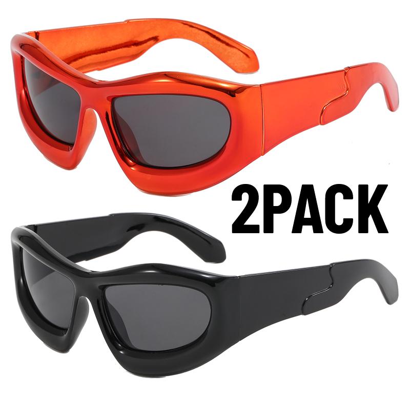 2PACK Trendy Men Cycling Climbing Glasses UV400 Protection High-end Silver Sunglasses Fashionable Square Frame