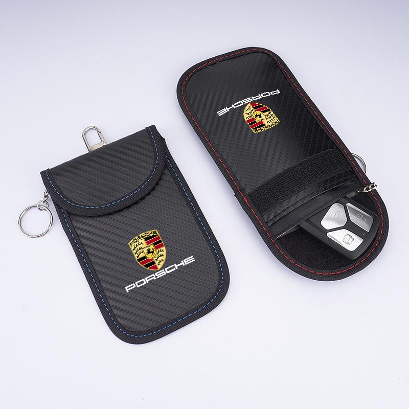 AFEBO1 For Porsche Panamera Cayenne Taycan 911 718 Macan Carrera-GT 928 944 968 Leather Car KeyCase Signal Blocker Bag Shielding Pocket
