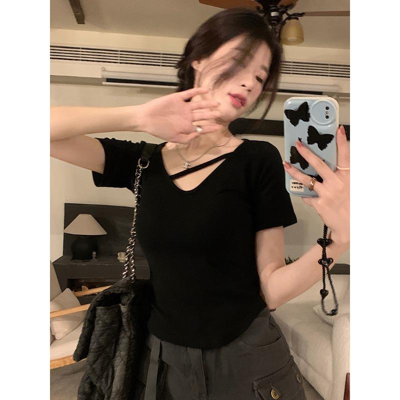 Bílé tričko s výstřihem do V a krátkým rukávem Dámské Letní Nové Sladké a Pikantní Nepravidelné Krátké Slim Studentské Top