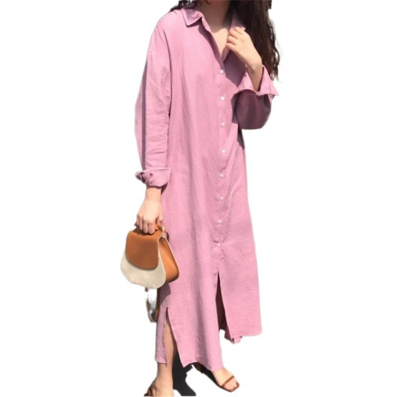 588 Korean Long Loose Cotton-Linen Shirt Dress - Plus Size, 2025 Spring Collection