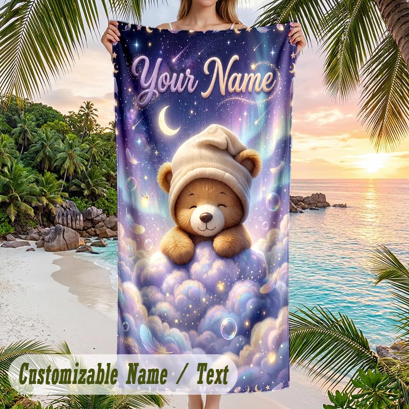 Teddy Bear Theme Beach Towel Personalized Custom Name & Text Soft Quick Dry Beach Towel for Swimming Travel