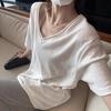 Korean Slack Snowflake Texture Curled V-neck Short-sleeved T-shirt Women's Summer New Lazy Wind Versatile Thin Top