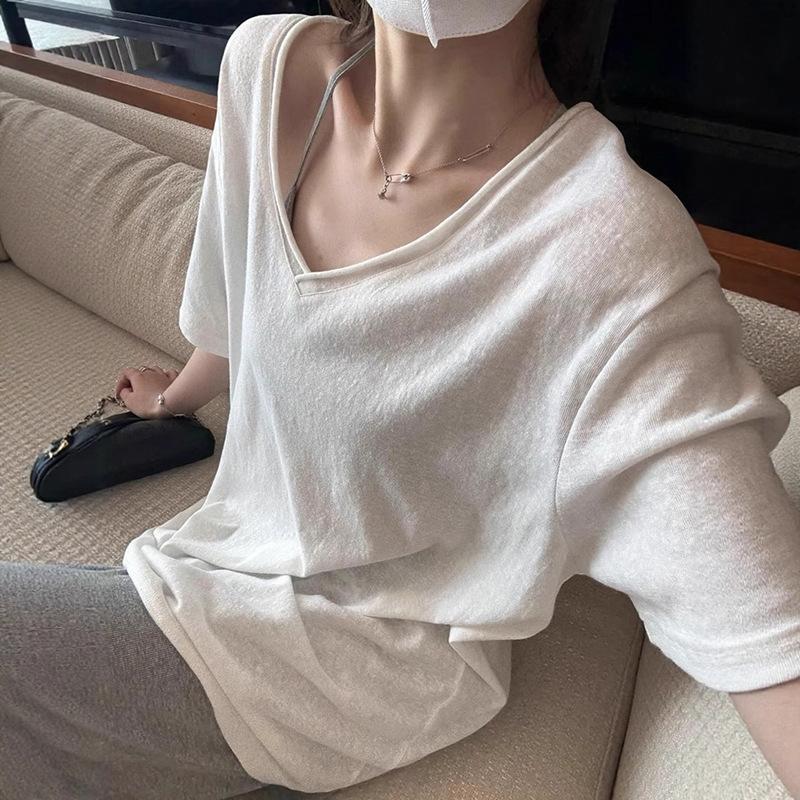 Korean Slack Snowflake Texture Curled V-neck Short-sleeved T-shirt Women's Summer New Lazy Wind Versatile Thin Top