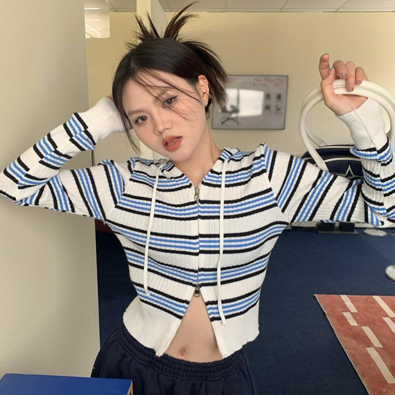 Hooded Stripe Double Zip Small Short Long Sleeve T-Shirt Top - One Size Pink