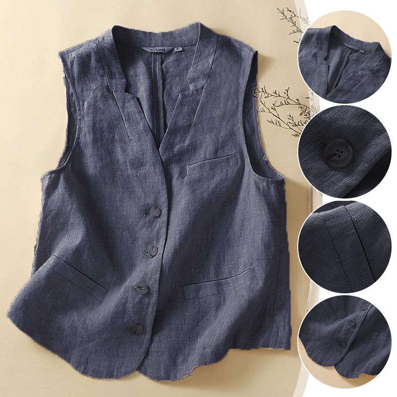 Women's Summer Cotton Linen Vest Casual Loose V-neck Sleeveless Jacket Coat Korean Style Fashion Elegant Casual Vest Top