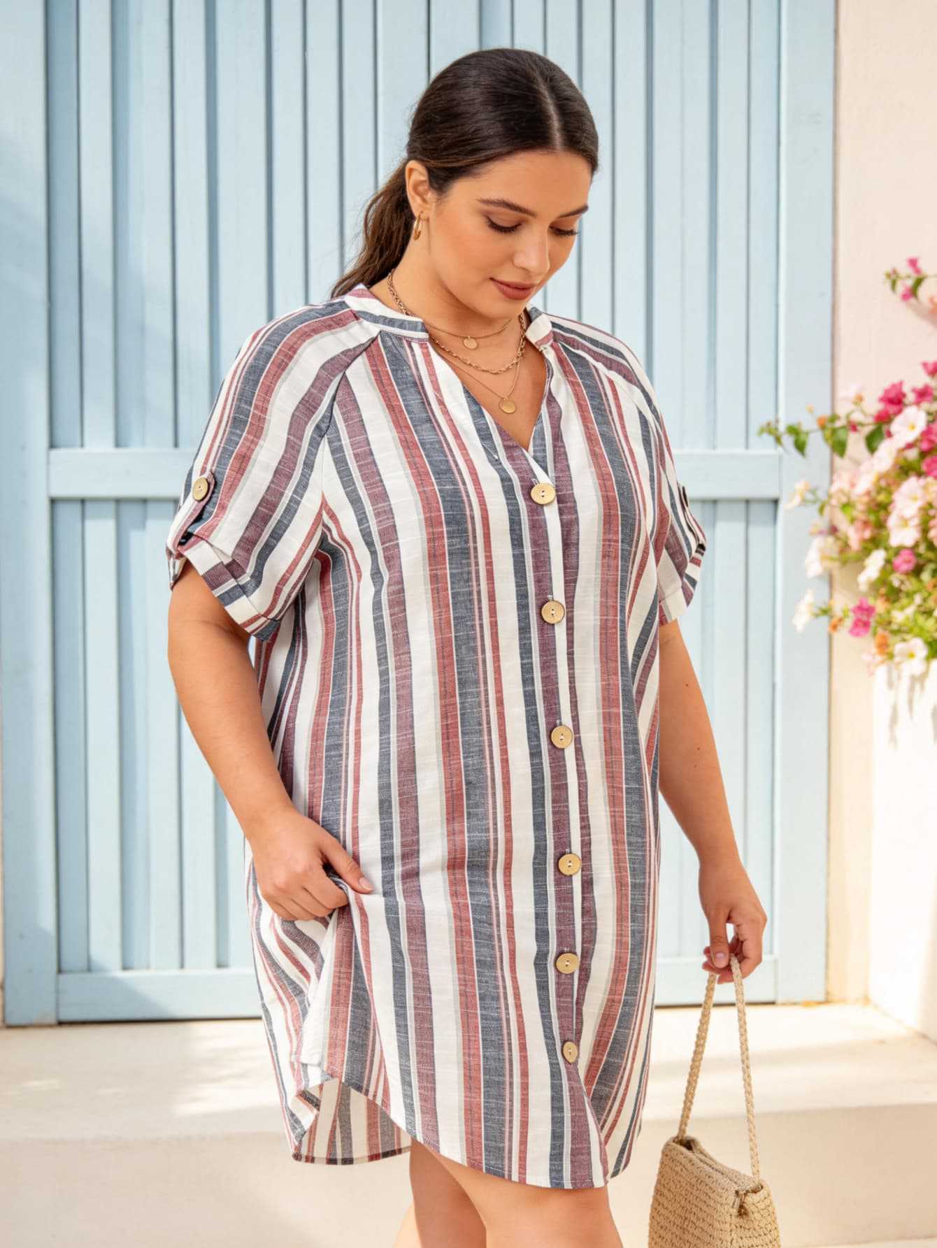

Popular striped dress women s summer new V-neck short sleeves loose and thin medium and long casual holiday style women 0XL