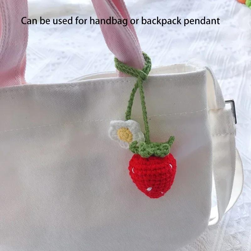 Knitted Car Rearview Mirror Hanging Ornament Car Interior Decoration Strawberry Pendant Daisy Lanyard Bag Pendant