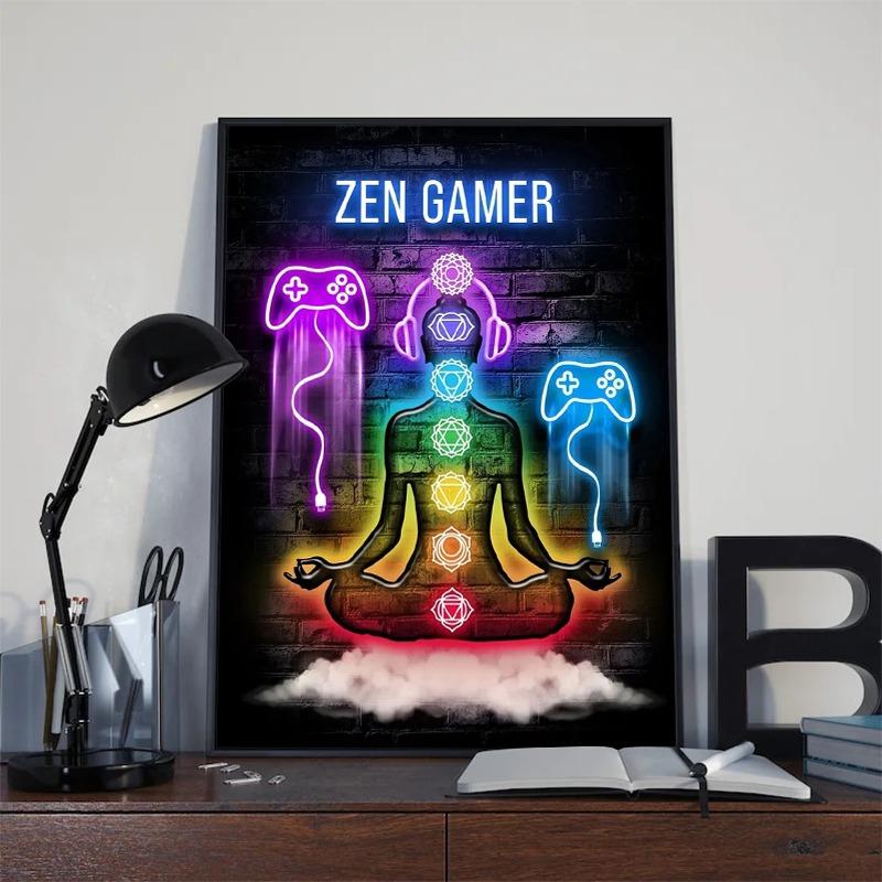 Neon Canvas Prints Painting Eat Sleep Game Repeat Funny Gaming Quote Posters Mural Wall Art for Home Gamer Room Decor No Light