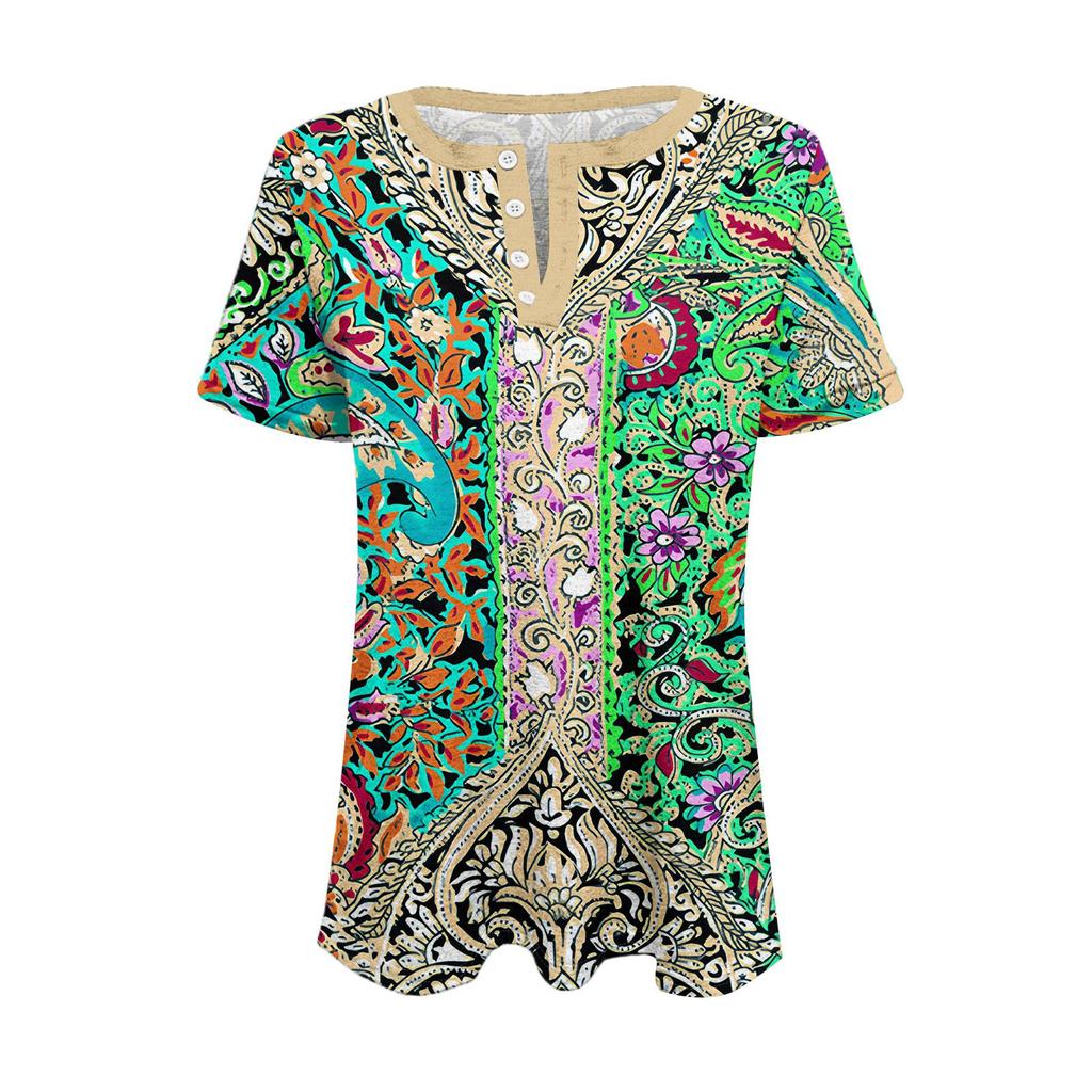 Modieuze Casual Dames Zomer Top met Retro Print, V-hals, Knopen en Korte Mouwen