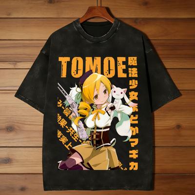 Vintage Mahou Shoujo Magi Madoka Magica T-Shirts for Men Round Collar Cotton Washed T Shirts Short Sleeve Tees Graphic Tops