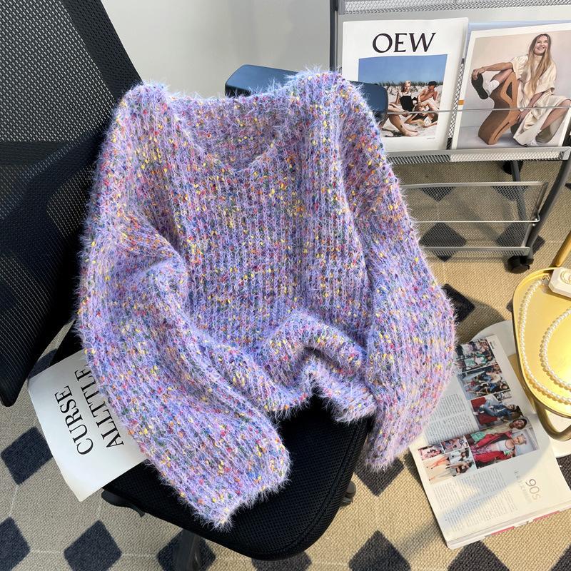 Autumn and Winter Vintage Pullover Sweater for Women Loose Candy Color V-neck Knitted Sweater Top