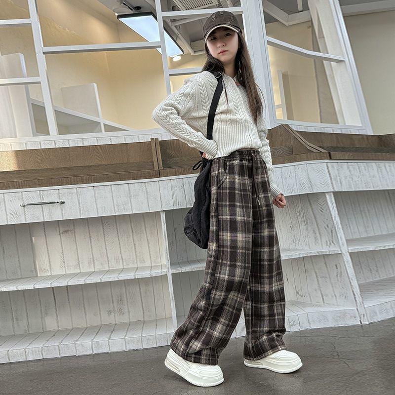 2025 Autumn/Winter Girls' Fashion Plaid Wide-Leg Barrel Pants - Stylish Casual Trousers for Kids