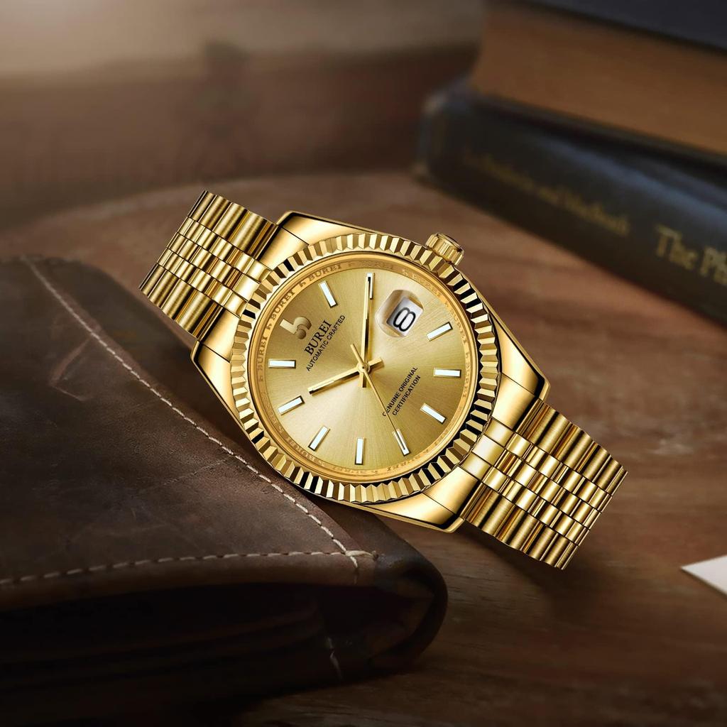 BUREI Men's Automatic Mechanical Watch, Waterproof, Analog, Popular for Business, Date Display, Gold, Stylish, Simple, Luminous Watch