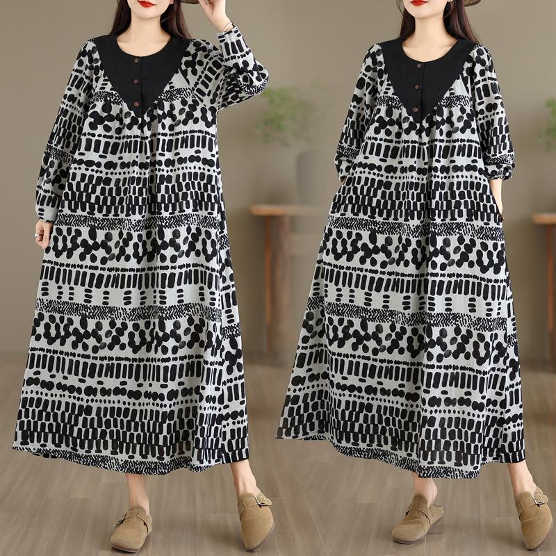 

DIMANAF Женское платье больших размеров осеннее с длинным рукавом, цветочное, свободное, повседневное, оверсайз, макси, винтажное, из хлопка и льна, 2025 one size чёрный