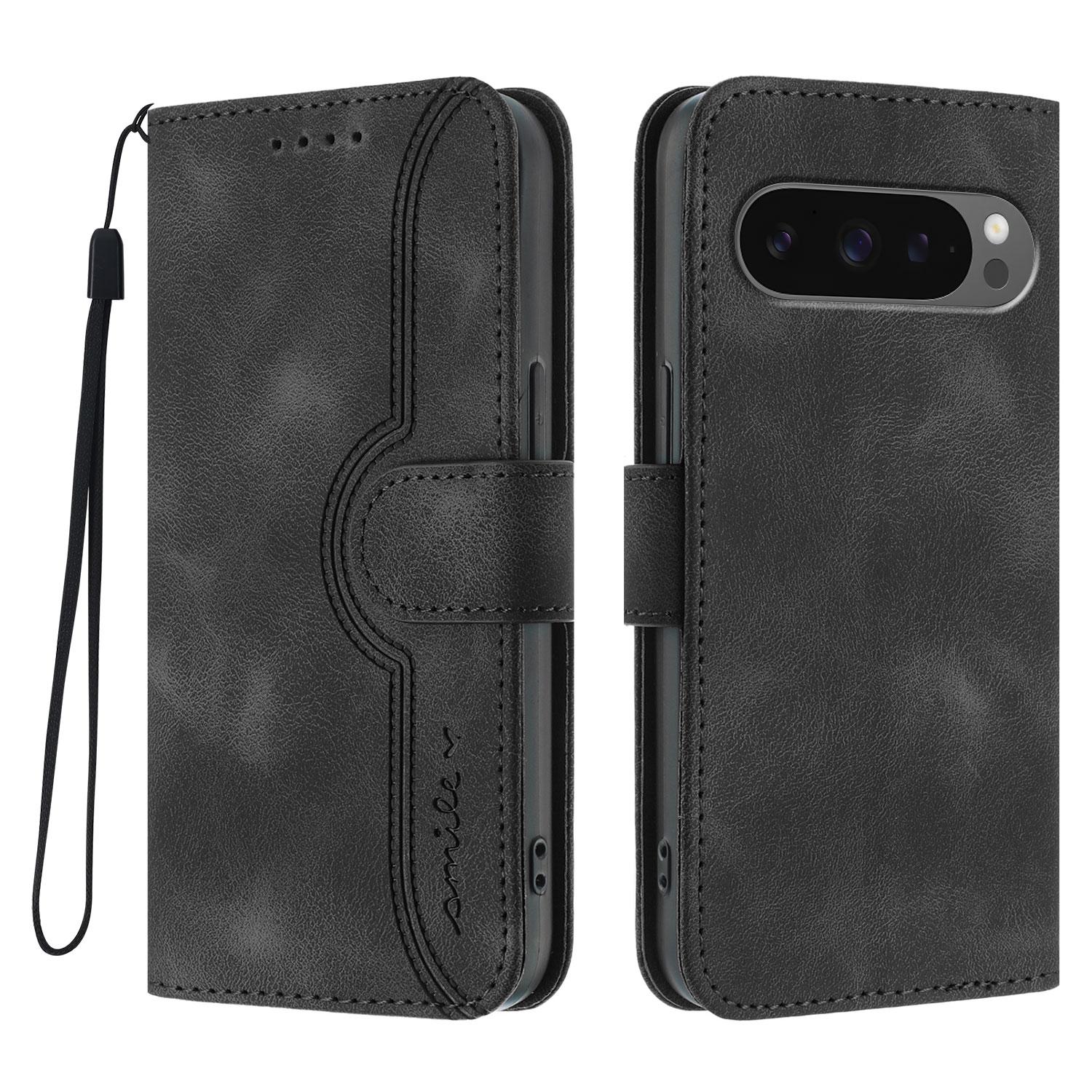 

For Google Pixel 9 Pro XL/Google Pixel 10 Pro XL Leather Case Wallet Stand Smile Imprinted Phone Cover with Strap Black