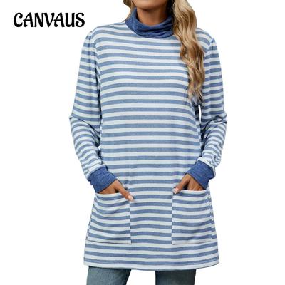 Top de damă de toamnă și iarnă, mărime plus, cu dungi, coliziune de culori, larg, cu buzunar, gât înalt, mâneci lungi, hanorac