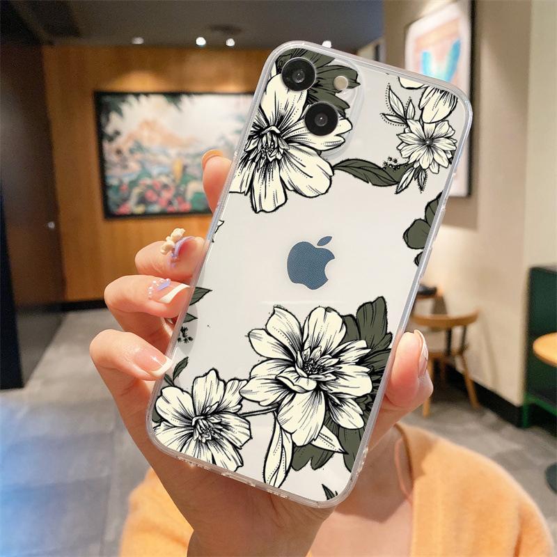 For iPhone 15 16 14 13 12 11 Pro Max XS X XR SE 7 8 Plus Soft Silicone Clear Cover Flower Luxury Phone Case