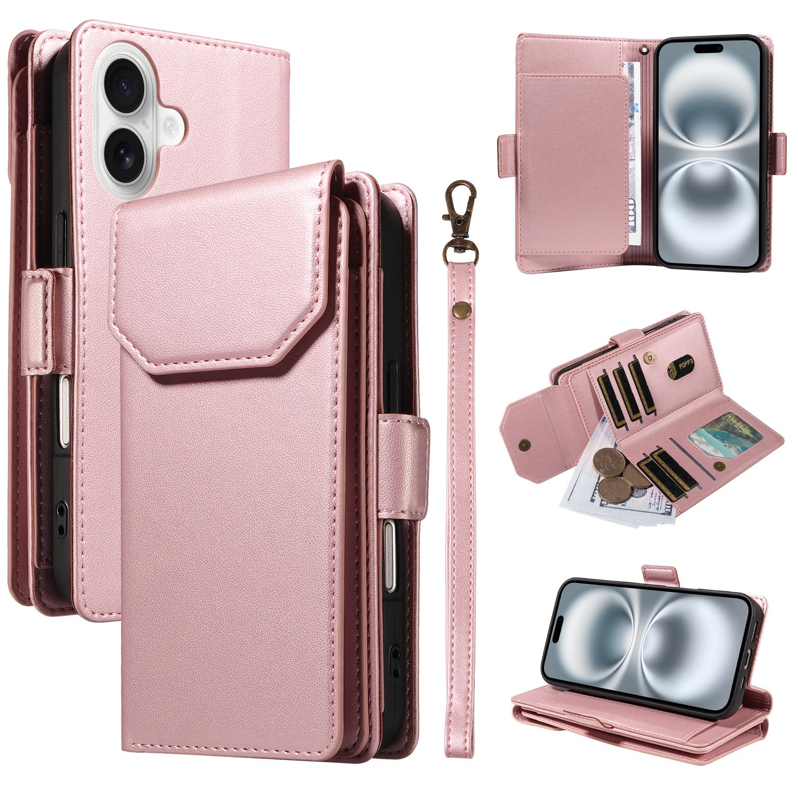 

For iPhone 16 Case with Multi-Card Holder and Strap PU Leather Phone Cover Stand Rose Gold